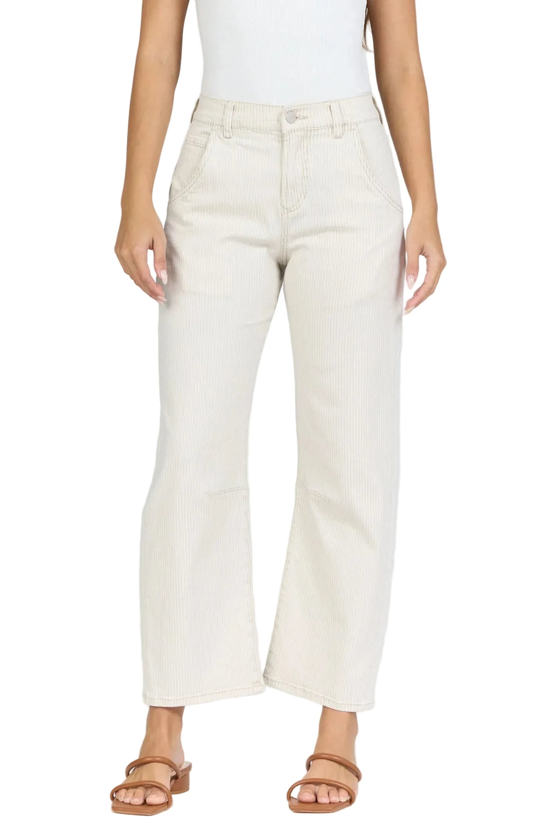Lasso High Rise Cropped Barrel Leg Jeans in Sand Stripe by Dear John
