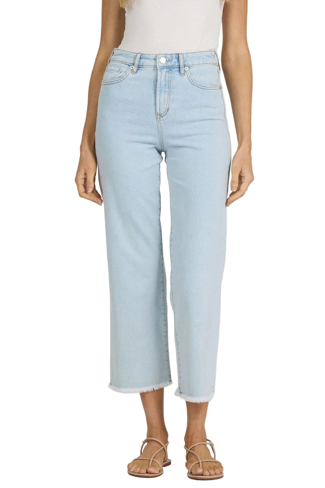 High rise raw hem cropped jeans in a light wash denim with a flattering straight leg fit, perfect for those seeking a timeless yet trendy look.

Featuring a comfortable high rise, these jeans provide both style and practicality, making them a versatile addition to any wardrobe.

With their understated raw hem detail, they effortlessly combine with a variety of outfits, offering the ideal balance between relaxed comfort and polished presentation.
