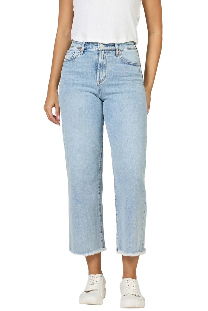 High rise raw hem straight leg cropped jeans in a light wash denim offer the perfect blend of style and comfort.

Designed with a flattering high rise, these jeans feature a raw hem and a straight leg cut, making them both trendy and versatile for any wardrobe.

The cropped length adds a touch of modern flair, making them an excellent choice for showcasing your favorite footwear.

Whether you&