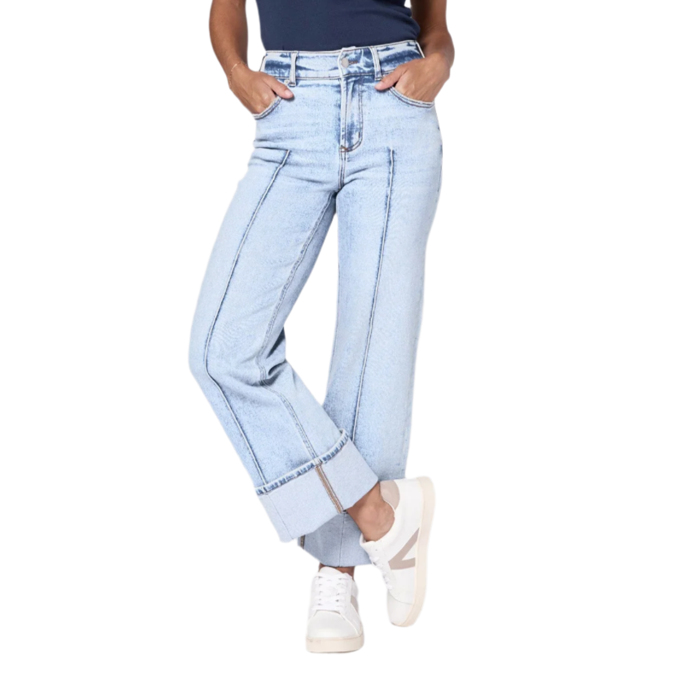 The unparalleled comfort and chic style with our Holly high rise cuffed hem jeans in cropped length. Perfectly tailored for the fashion enthusiasts, these versatile outfits bring both elegance and ease to your wardrobe. Designed with a flattering front pleats and a contemporary cuffed hem, these jeans offer a sophisticated silhouette with stretch that's perfect for both casual outings and formal occasions. 