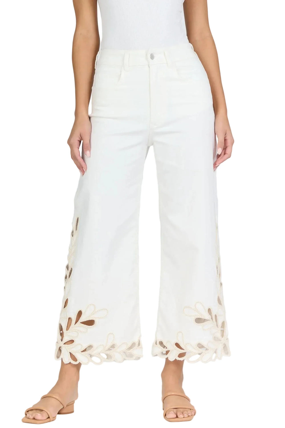 Embrace a chic and stylish look with these high rise wide leg cropped jeans, featuring an intricate scalloped hem and detailed embroidery.

Perfectly designed for versatility and comfort, the jeans are made from stretch denim in a classic white color, providing the ideal balance of utility and fashion for any lifestyle.

Elevate your wardrobe with this go-to piece that pairs effortlessly with your closet staples.

Whether you're seeking the elegance of a high waisted bikini fit or the appeal of bell bottom 