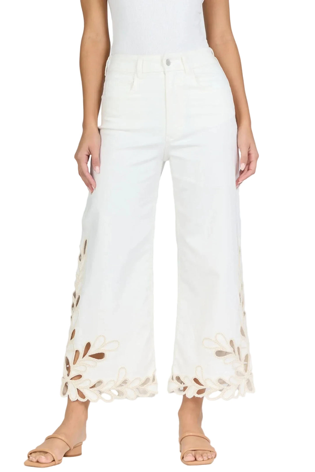 Embrace a chic and stylish look with these high rise wide leg cropped jeans, featuring an intricate scalloped hem and detailed embroidery.

Perfectly designed for versatility and comfort, the jeans are made from stretch denim in a classic white color, providing the ideal balance of utility and fashion for any lifestyle.

Elevate your wardrobe with this go-to piece that pairs effortlessly with your closet staples.

Whether you&