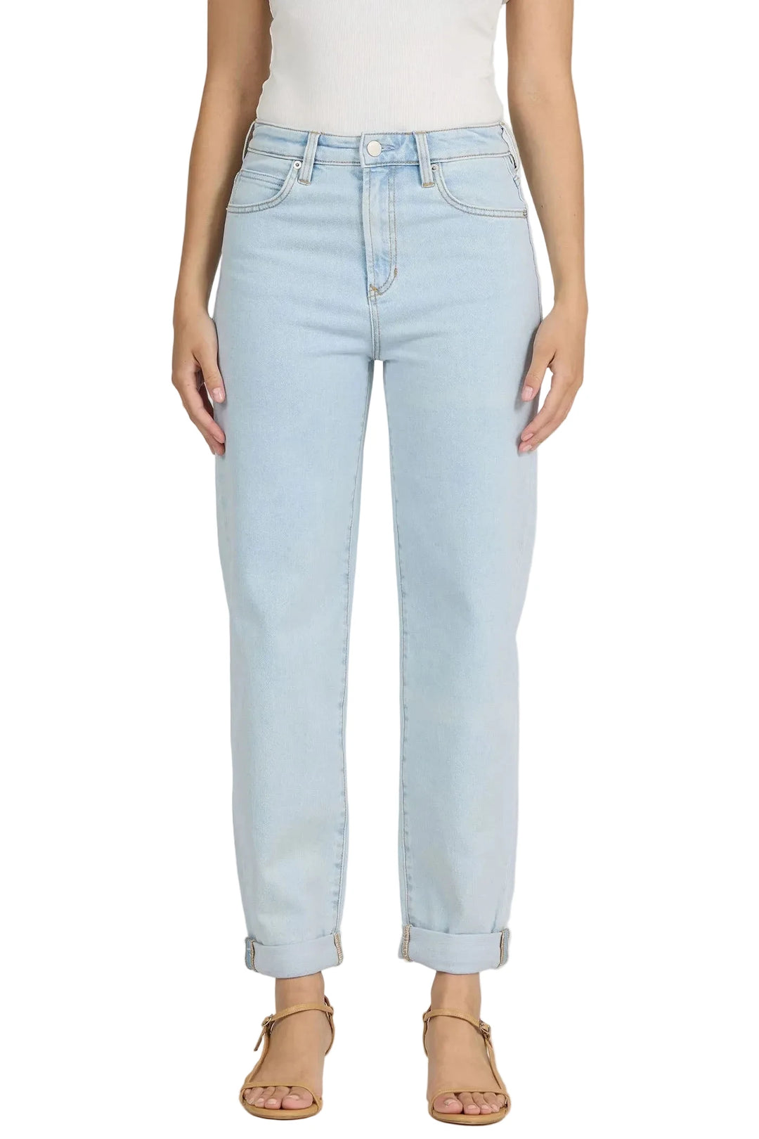 Introducing our high rise denim jeans, featuring a stylish cuffed hem and cropped length for a chic, modern look in a light wash hue.

Designed with a tapered leg that provides a flattering silhouette, these jeans offer the perfect combination of comfort and style.
