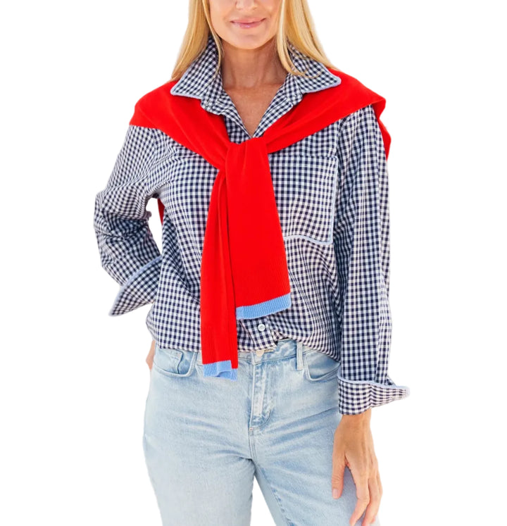 Caryn Cardi
Caryn loves a sweater tied over her shoulders, and the Caryn Cardi creates that same chic, layered look without the extra bulk. This lightweight faux cardigan adds a playful pop of color and texture to any outfit. Designed in a soft knit with contrasting color details, it is an effortless finishing touch for dresses, tops, and button-down shirts.