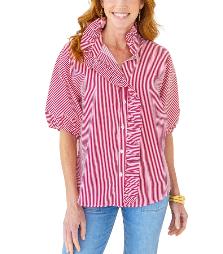 Caryn Lawn Sissy Stripe top with ruffle neck