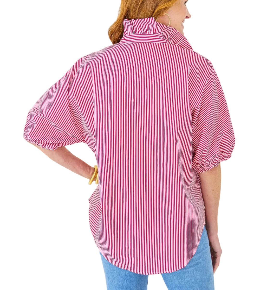 Caryn Lawn Sissy Stripe top with ruffle neck