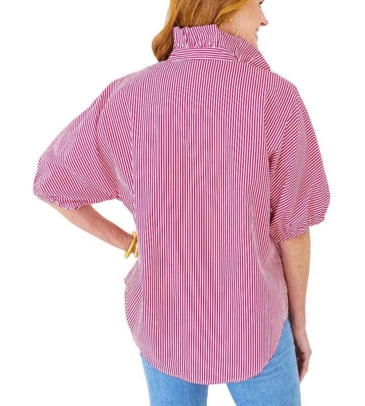 Caryn Lawn Sissy Stripe top with ruffle neck