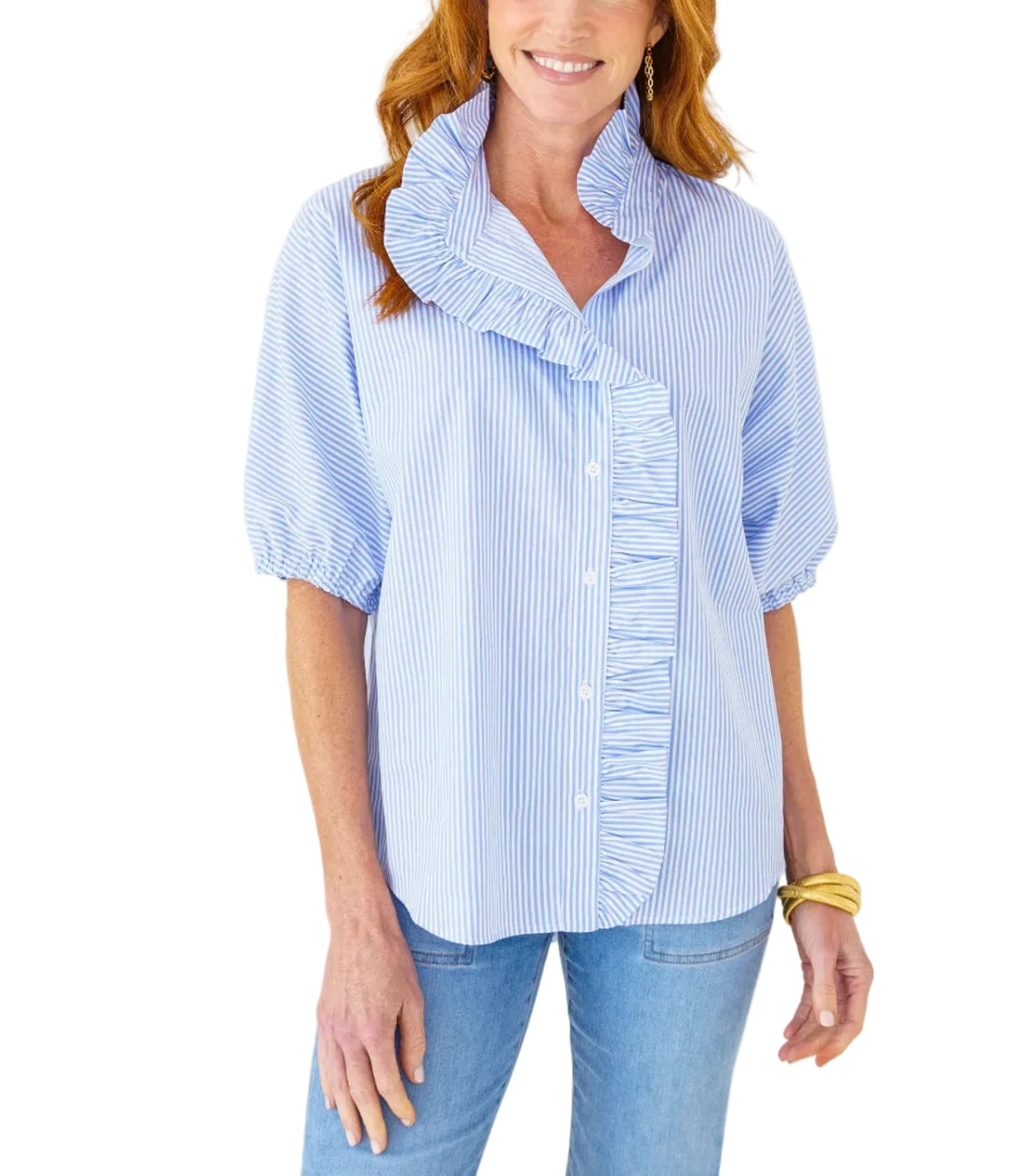 Caryn Lawn Sissy Stripe top with ruffle neck