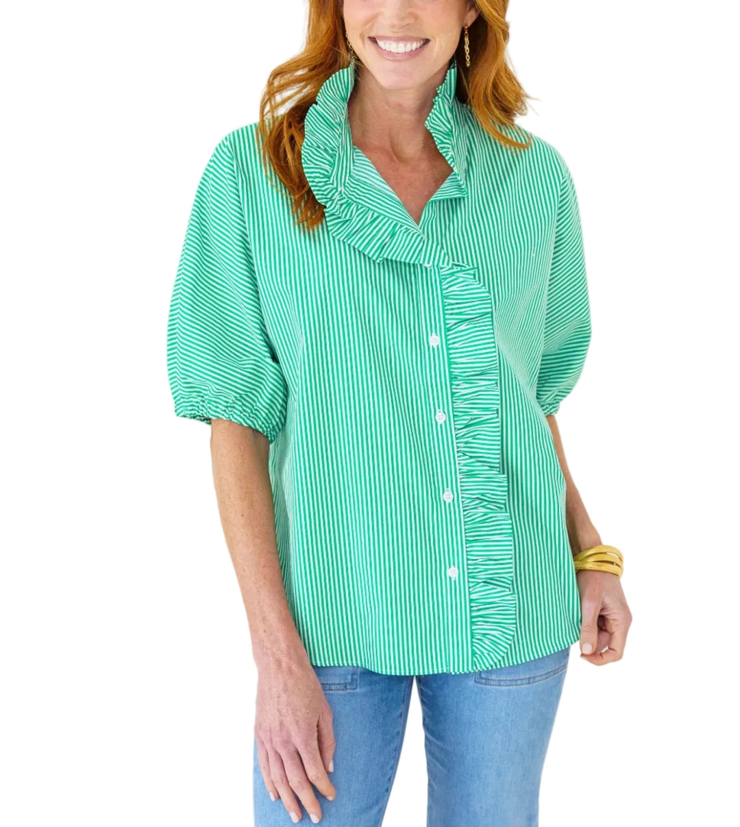 Caryn Lawn Sissy Stripe top with ruffle neck