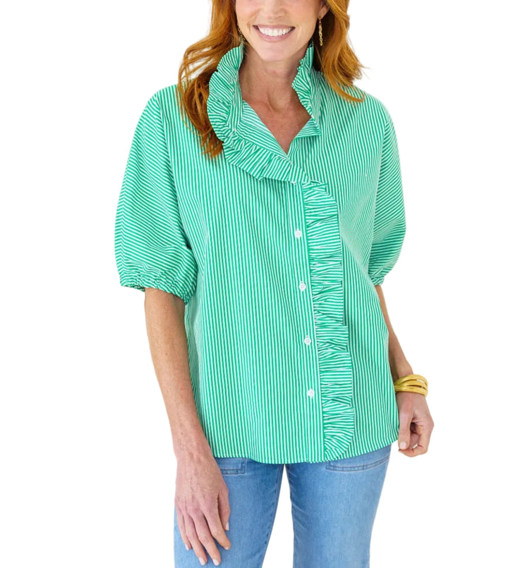 Caryn Lawn Sissy Stripe top with ruffle neck