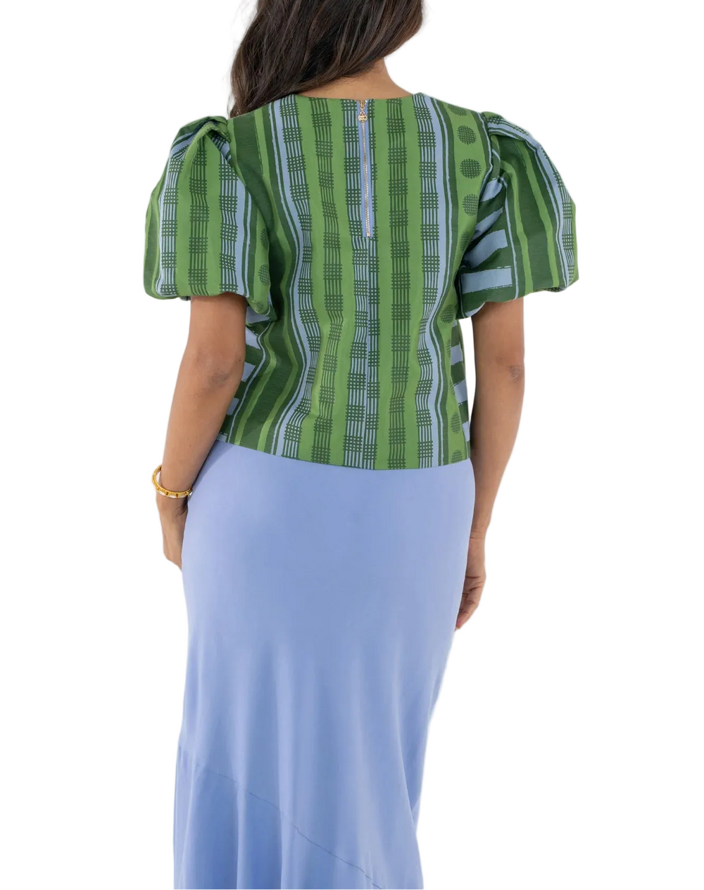 The Jane Top in Forest Jubilee delivers elevated charm with a fresh, playful edge. Featuring a boxy silhouette, this style is designed to feel structured yet effortless. Statement puff sleeves bring volume and balance, giving the top a polished presence with a touch of whimsy. Forest Jubilee showcases a dynamic intermix of patterns, printed on a luxe jacquard fabric that offers subtle structure and a gentle sheen. Perfect for adding dimension and personality to your everyday wardrobe.