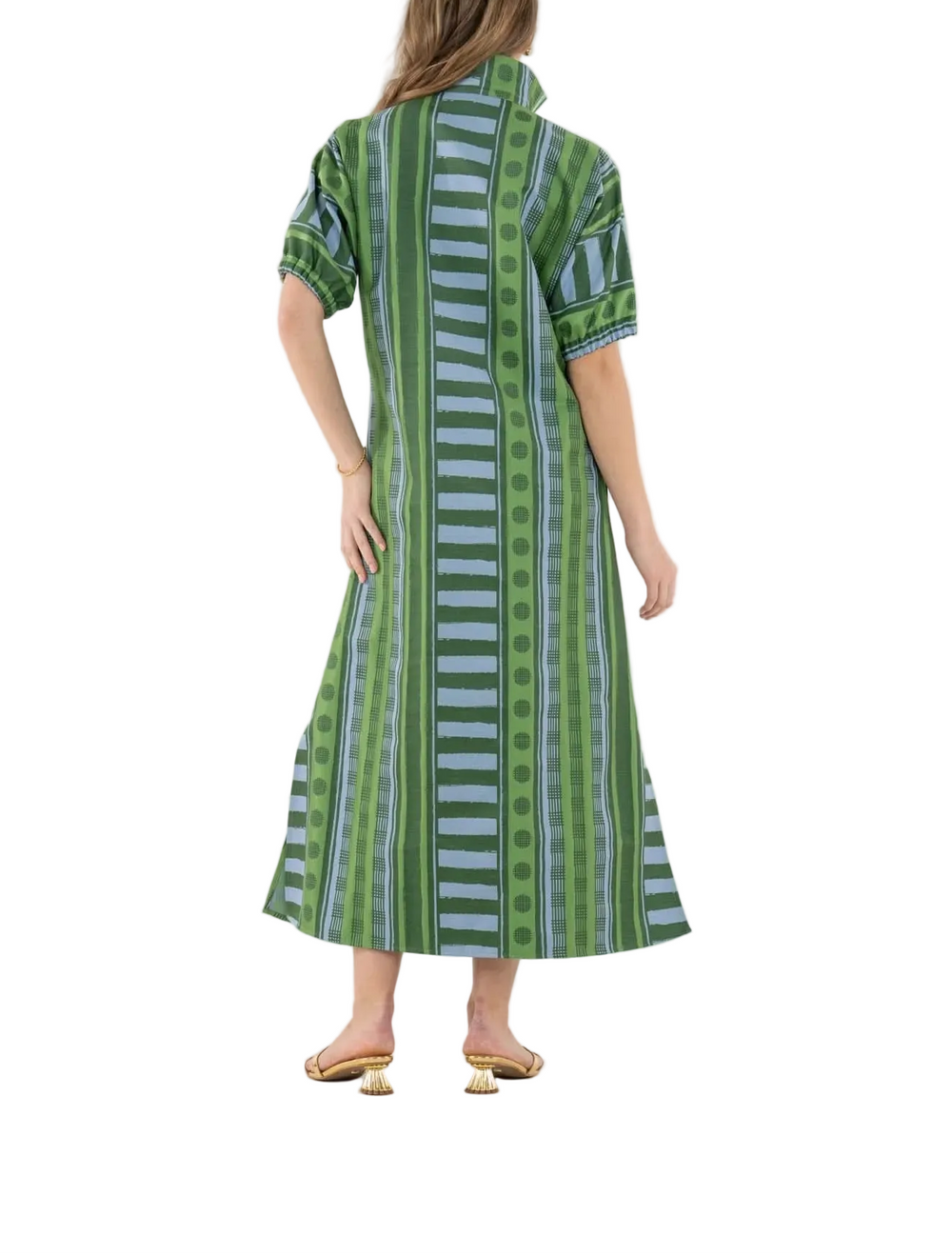 Featuring a classic stand collar accented with striped trim, the Poppy Maxi in Forest Jubilee is balanced by loose elastic dolman sleeves and a relaxed maxi-length silhouette. Side slits at the hem add movement and ease, enhancing the fluid shape. Printed on a luxe jacquard fabric, Forest Jubilee offers gentle structure with a subtle sheen that elevates the overall look. Equally suited for special occasions or styled casually with sneakers, this dress delivers refined versatility with a joyful edge.