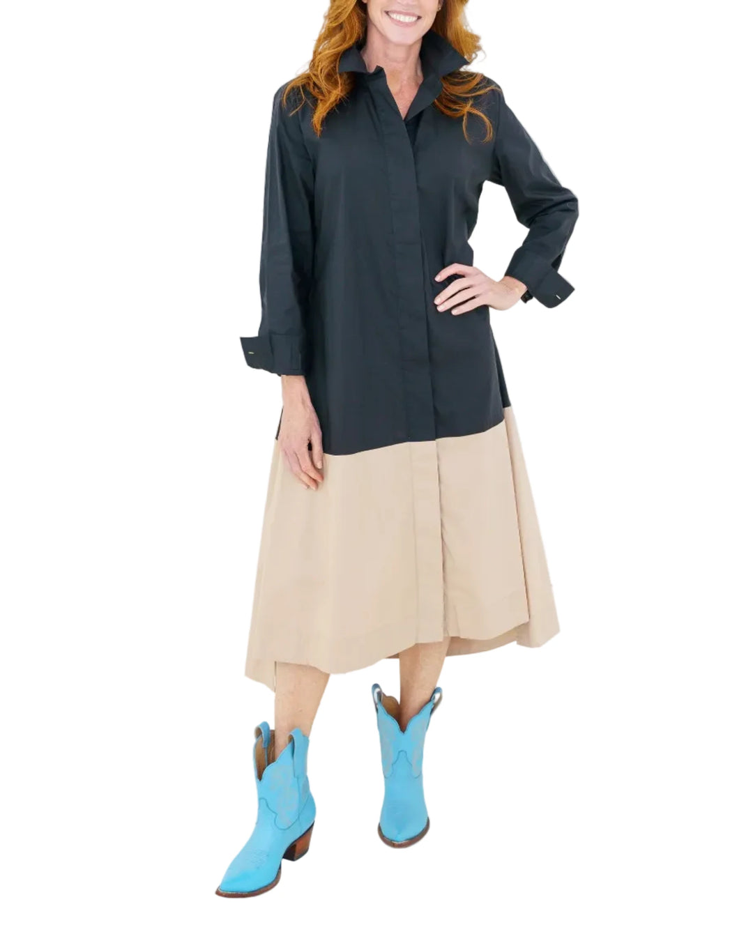 The Mimi Dress is a classic midi shirt dress with an easy, polished feel. Crafted from crisp cotton poplin, it features contrasting color details, a full covered button placket, practical side pockets, and a flattering A-line silhouette. Pop the collar, cuff the sleeves, and add a cardigan over your shoulders for an effortlessly chic, casual look.

Fabric: 100% Cotton Poplin
