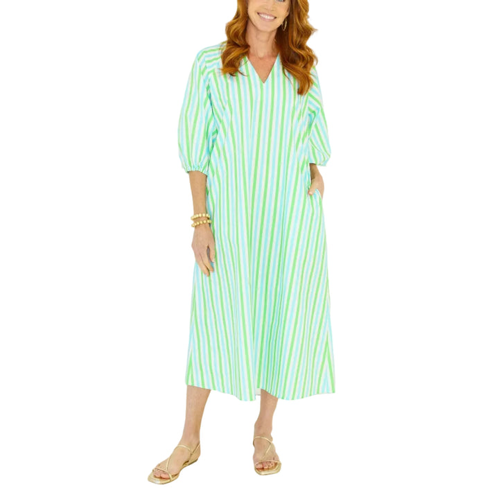 The Coco Palm Beach Dress is a fun, effortless caftan style designed for easy elegance. Featuring a playful stripe pattern and billowy elbow-length sleeves, this 50-inch cotton poplin silhouette delivers a relaxed yet polished look. It comes with a detachable belt so you can wear it cinched for shape or loose and flowy — equally fabulous either way. And of course, it has pockets.

Lightweight, chic, and made for sunny days, the Coco Palm Beach Dress is your go-to style for looking effortlessly put together.