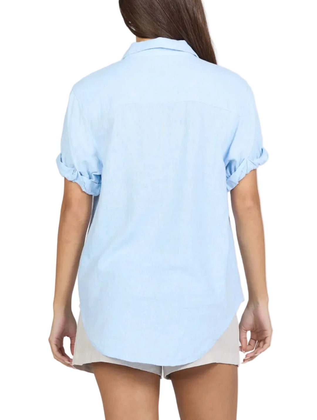 This garment washed short sleeve relaxed fit shirt is designed for comfort and ease with its rolled sleeves and exposed placket button-up collar.

Made from a breathable blend of woven fabrics, this skyway shirt offers a relaxed fit ideal for any occasion.

Perfectly versatile, it can be a staple in your top market collection and is also ideal for those seeking tops online or tops near me.

Its classic style and blue base color make it a go-to piece, merging quality with effortless style.

MATERIALS &amp; CARE
