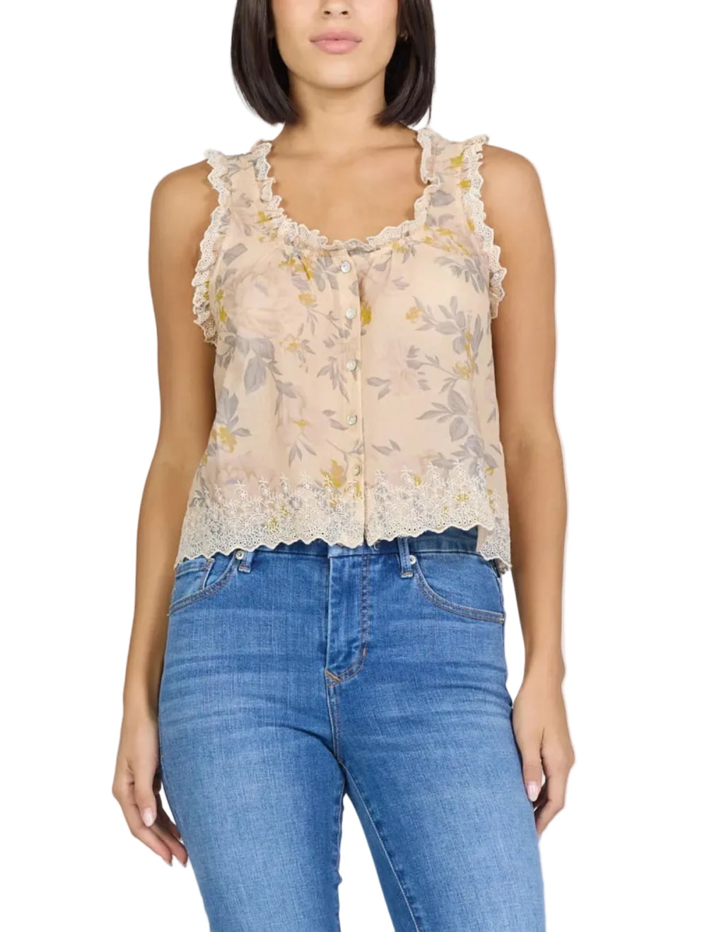 Experience the perfect blend of elegance and comfort with our scoop neck sleeveless button front top, featuring a relaxed fit and an exquisitely embroidered hem.

This relaxed woven top is a versatile addition to any wardrobe, making it easy to dress up or down for any occasion.

Its Tuscan bouquet print adds a vibrant touch, making it a standout choice among tops online and tops near me.

Discover the unmatched style and quality of this top, set to become your go-to piece in the top market.

MATERIALS & CA