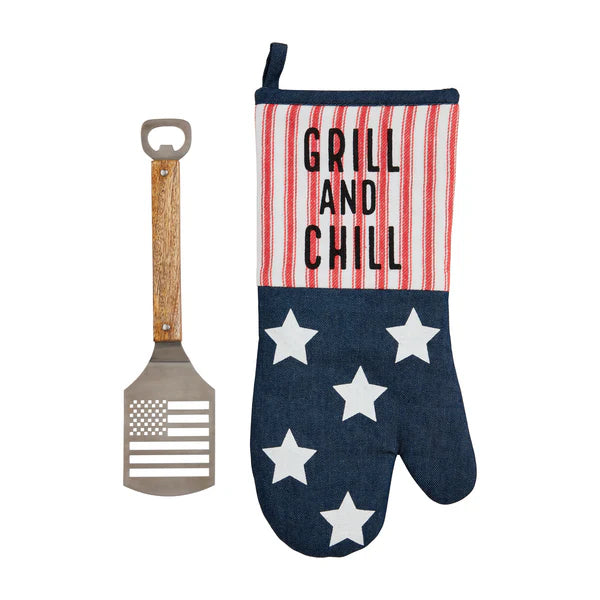 Oven mitt with 'Grill and Chill' text and bottle opener with American flag design on a white background