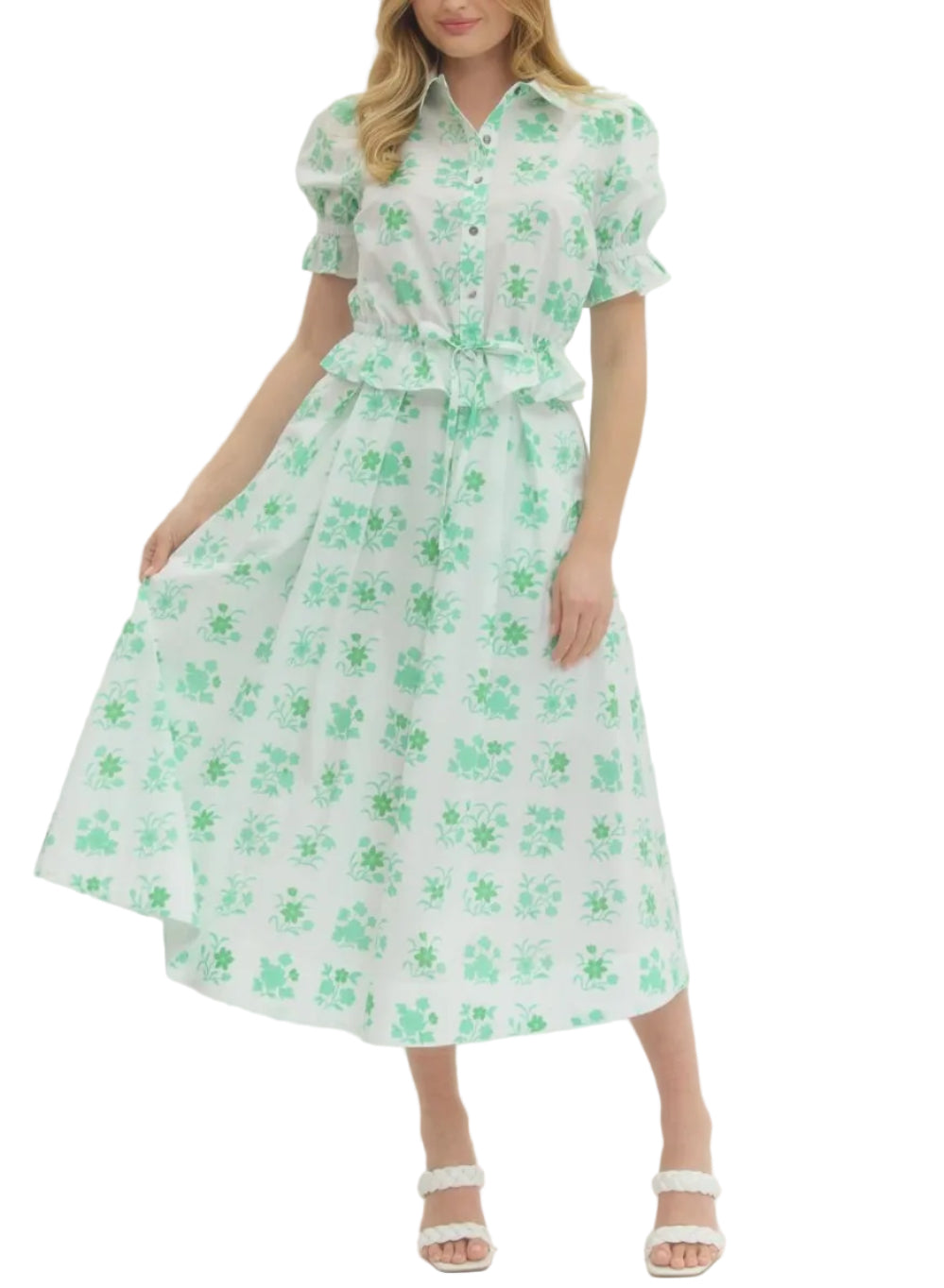 Botanical print puff short sleeve top featuring collared neckline and button closure at front. Elasticated waist with drawstring tie and ruffle trim. Unlined. Woven. Non-sheer. Lightweight.

Botanical print midi skirt featuring pleated detail and side zipper closure. Elasticated waistband at back. Side pockets. Lined. Woven. Non-sheer. Lightweight.