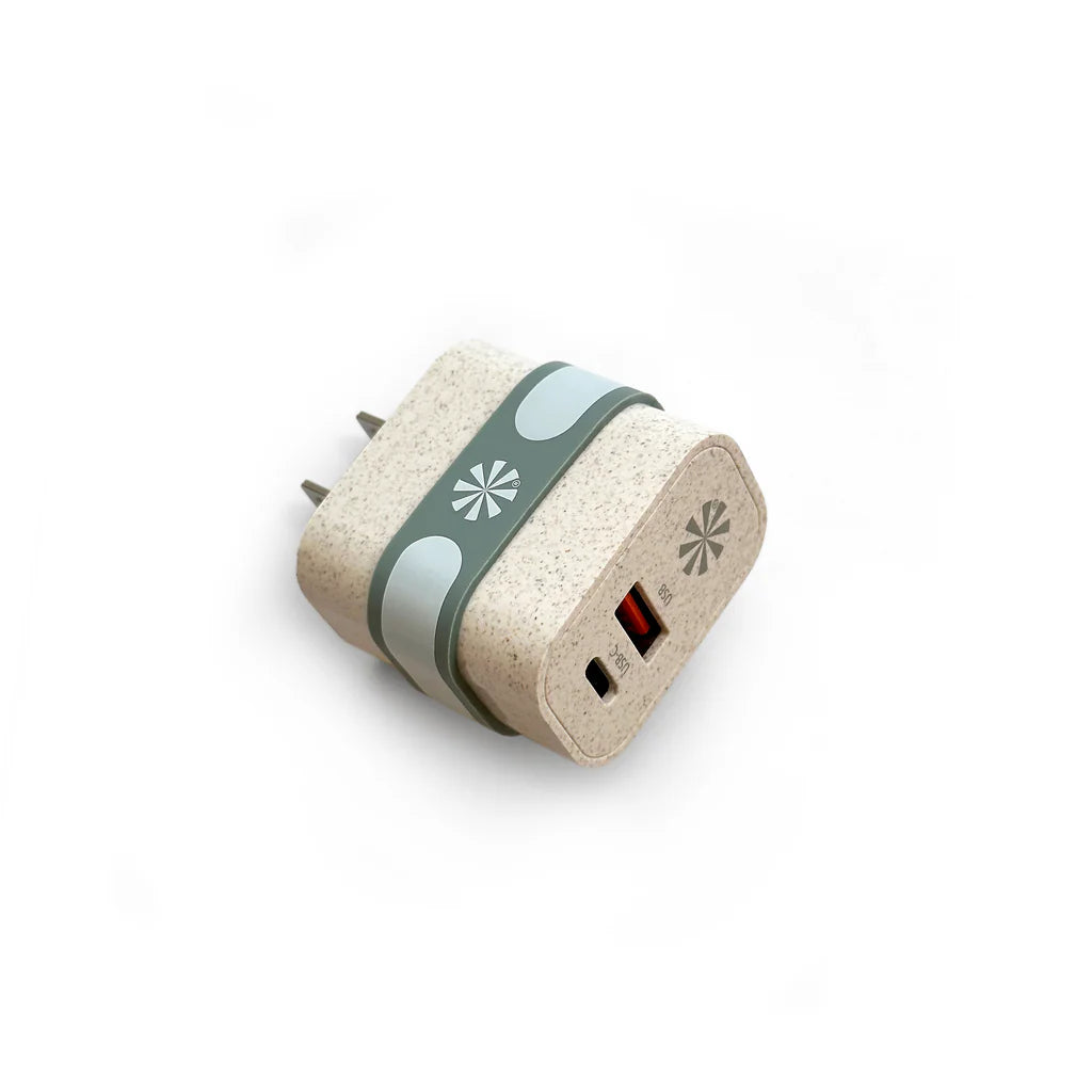 Double Play Eco™ is the wall plug for all your things. Cords that came with your old iPhone, new iPhone, your Android. Cords that came with the power packs, Bluetooth speakers & other random things you couldn’t live without. You get the idea. It’s also, not coincidentally, perfect for use with any Tech Candy cord you have or now must get. 
An FCC & RoHS-certified wall plug constructed of wheat straw, an eco-friendly bio-plastic, is a happy alternative to those made of petroleum-based plastics.