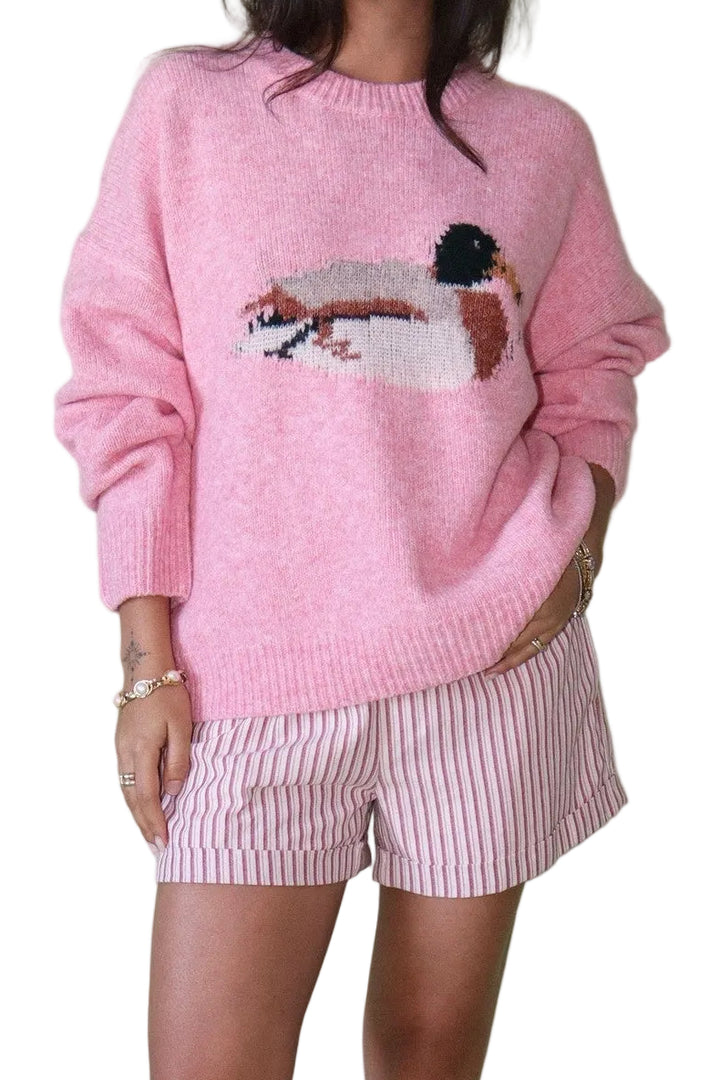 Person wearing a pink sweater with a graphic design and pink shorts against a light green background