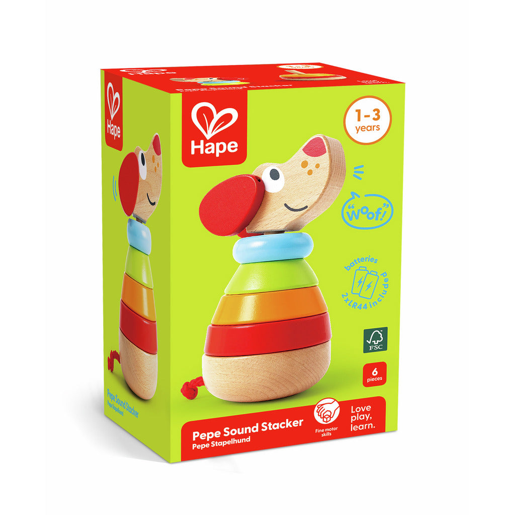 Hape Pepe Sound Stacker toy packaging on a white background
