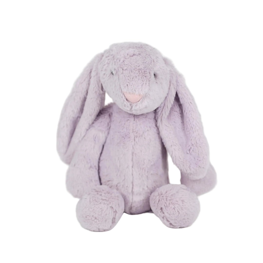 A soft lavender purple plush bunny toy with long floppy ears, small black eyes, and a pale pink nose, sitting against a clean white background.
