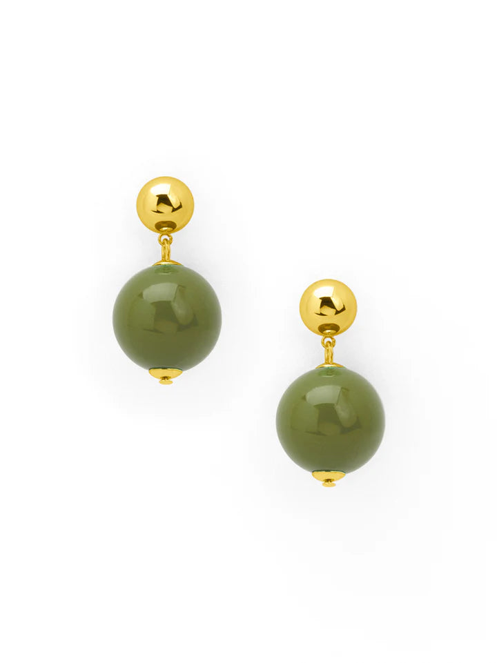 Drop earring featuring an oversized resin bead embellished by gold post.