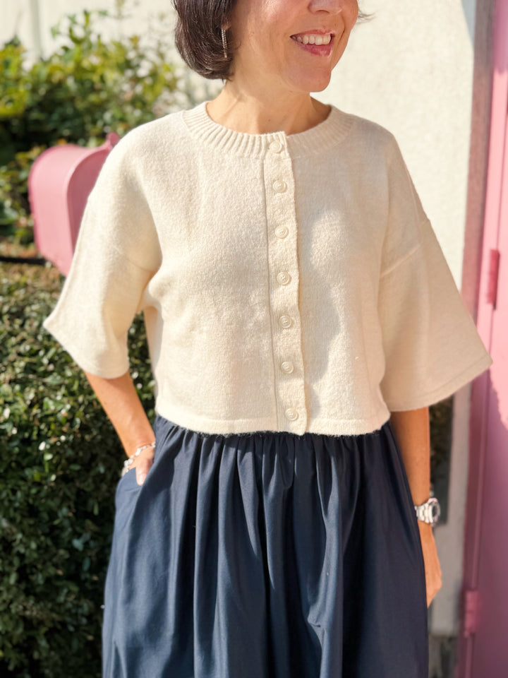 Knit Elbow Sleeve Button Down Crop Cardigan