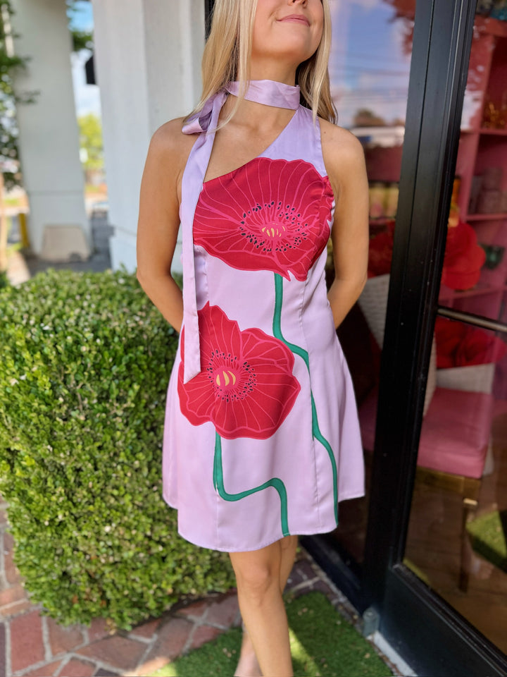 Kinsley Scarf Neck Printed Mini Dress in Lilac/Red