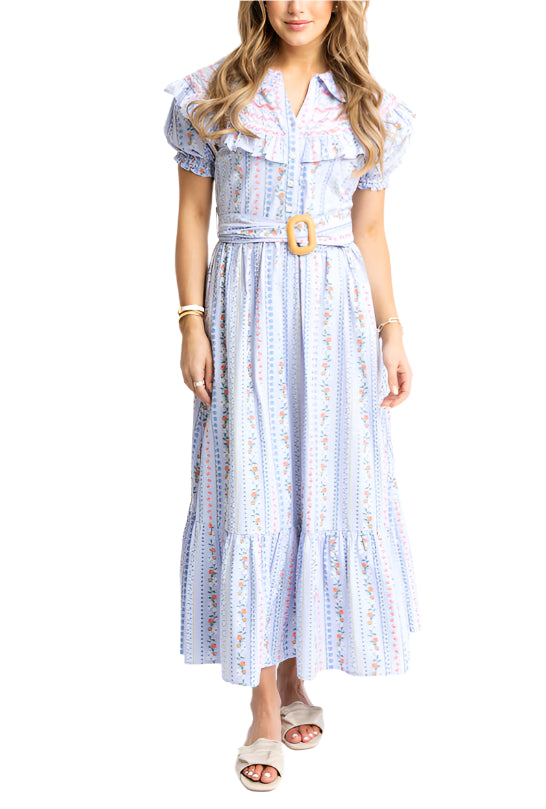 French Floral Belted Maxi Dress