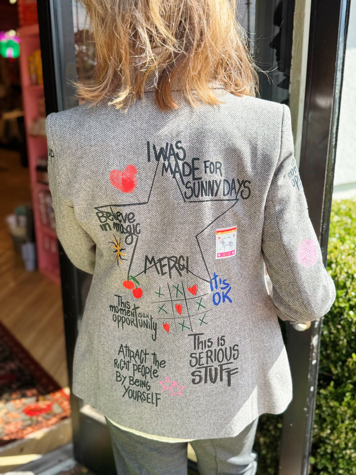 Grey Herringbone Blazer Graffti