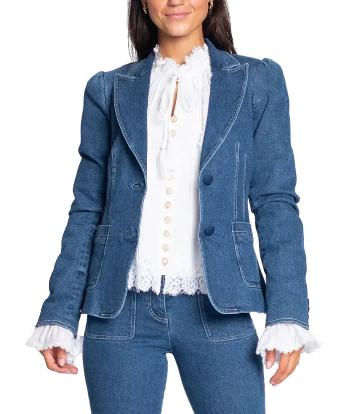 The Elizabeth Blazer is our version of an elevated denim jacket, perfect for the Fall season. Pair her with your favorite jeans for a full denim ensemble or wear overtop your favorite skirts and dresses with a pair of boots.


Denim
Notch lapel
Gathered shoulders
Front pleats
Oversized denim buttons
Oversized covered buttons
Rounded hem