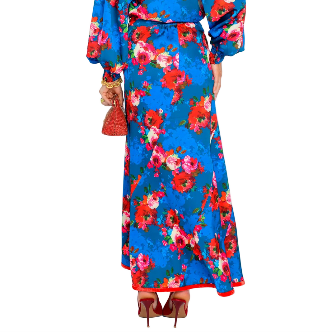 Our Serena Skirt is a showstopper this season in a silky satin fabric, featuring a chic fitted silhouette and flared hem. Perfect to style with a solid top, we especially love her paired with suede boots or heels.