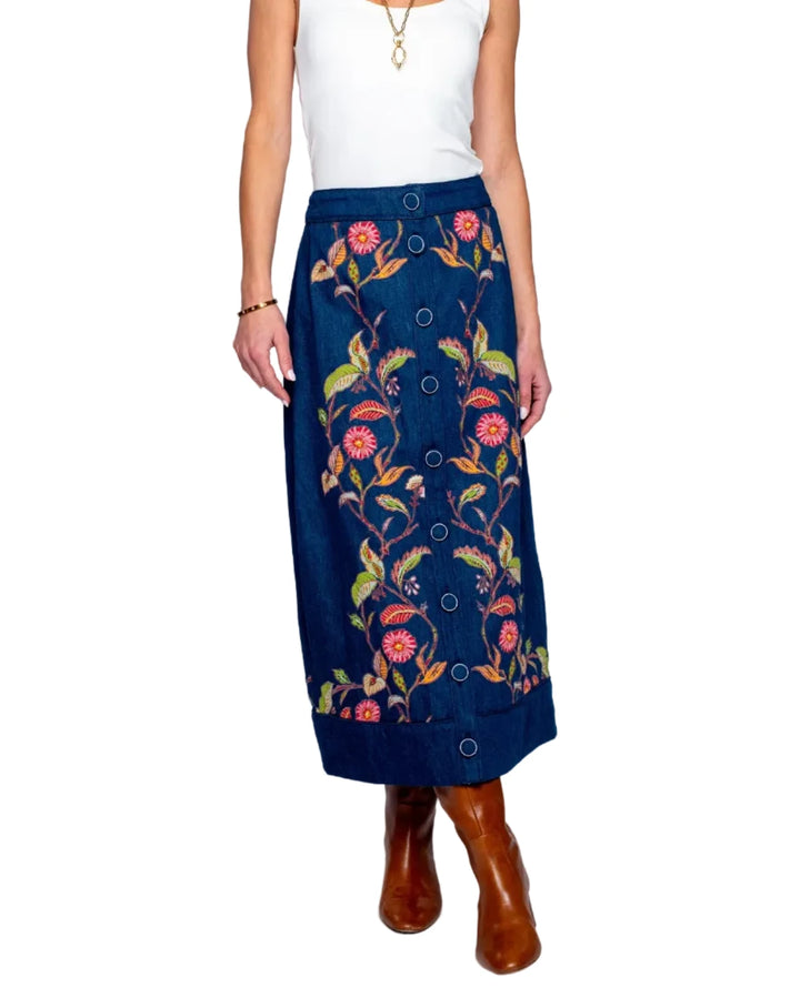 Feel fab in Frannie! This A-line, button front style boasts stunning floral embroidery on a dark wash cotton denim fabric. She looks great worn as part of a matching set or dressed down with a simple tee.

Complete the set! Pair with our matching Coco Top

Product Details

100% Cotton
A-line style
Button front
Embroidery