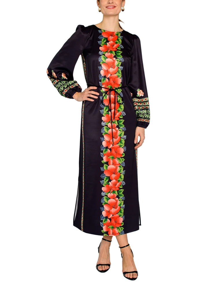 Dawn is a relaxed maxi dress, elevated with a stunning Holiday print, balloon sleeves, and an optional cord belt. She is one of our favorite picks for this time of year, perfect for staying stylish and comfortable throughout the Holiday season.