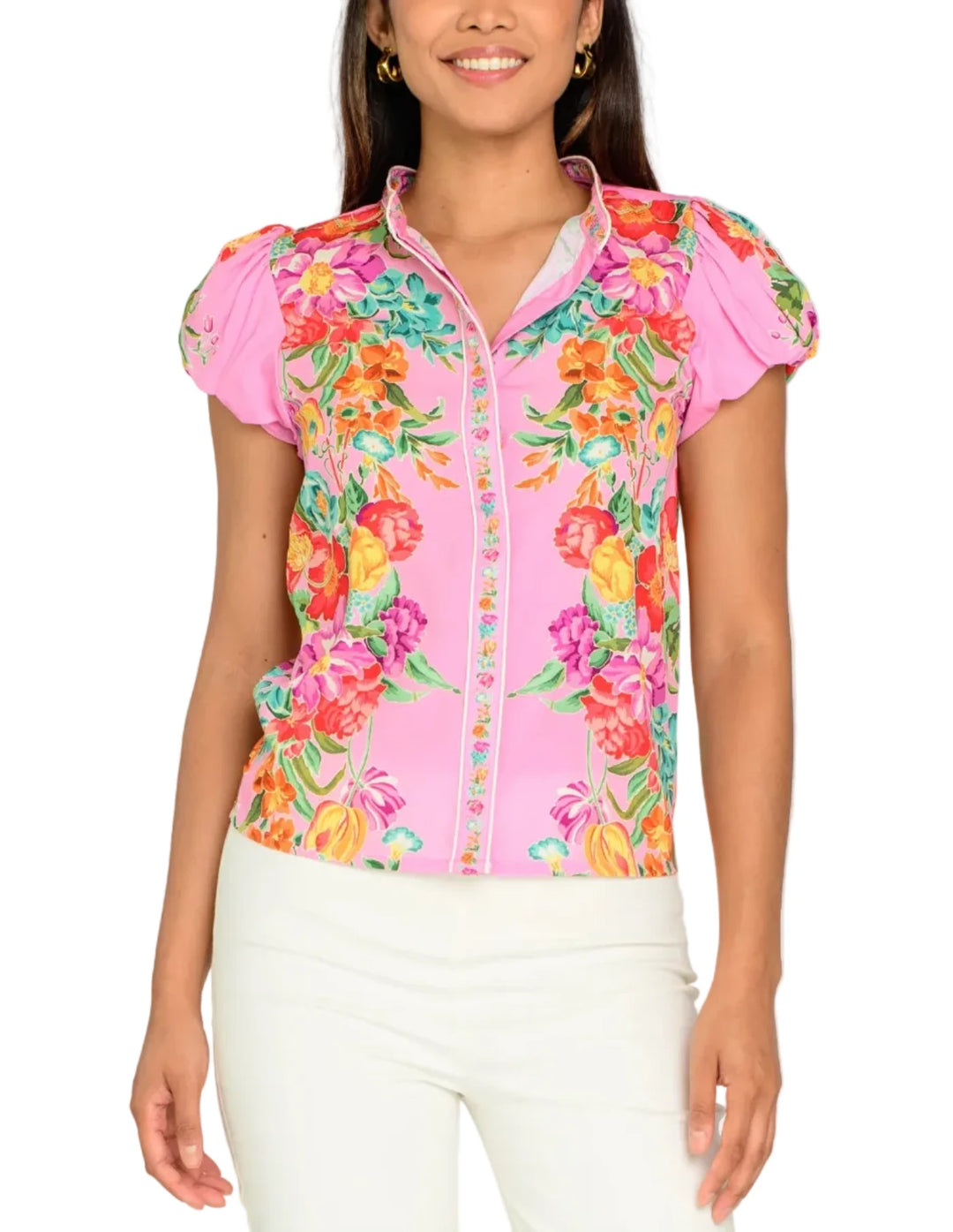 Our fan favorite Emily Top is ready for the Spring season with this short puff sleeve modification, perfect for the warm weather. She features a mandarin collar and a covered front placket, both adorned with decorative trim and piping accents.