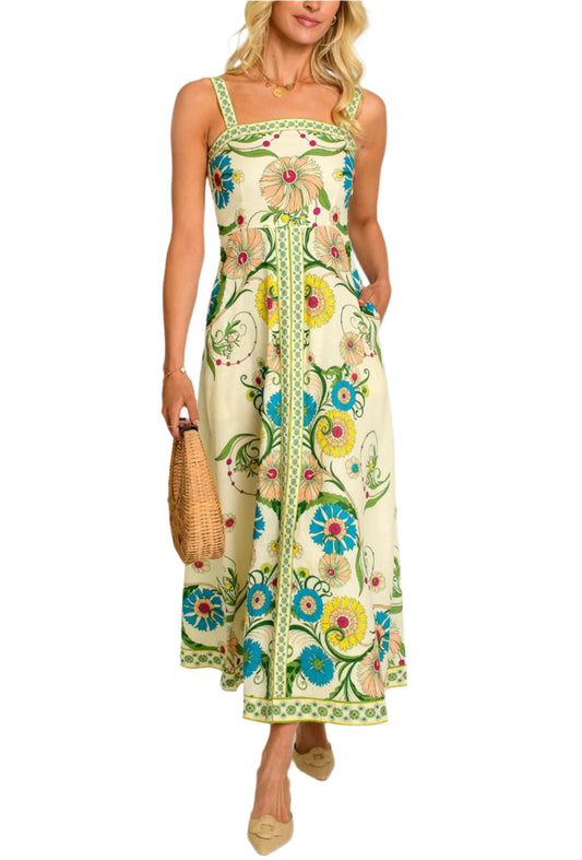 With her fitted empire bodice and flattering paneled skirt, Annalisa is a new favorite silhouette this season. She looks especially chic in this timeless Gatsby print, elevated with contrast trim details. Adjustable straps and a smocked back offer a comfortable fit for the perfect midi dress.

 

Shown in Gatsby

 

Product Details:

Adjustable straps
Fitted front bodice
Back smocking and zipper
Side seam pockets
Fully lined
Decorative trim accents
Product Care Instructions:

Cotton linen
Machine wash on co