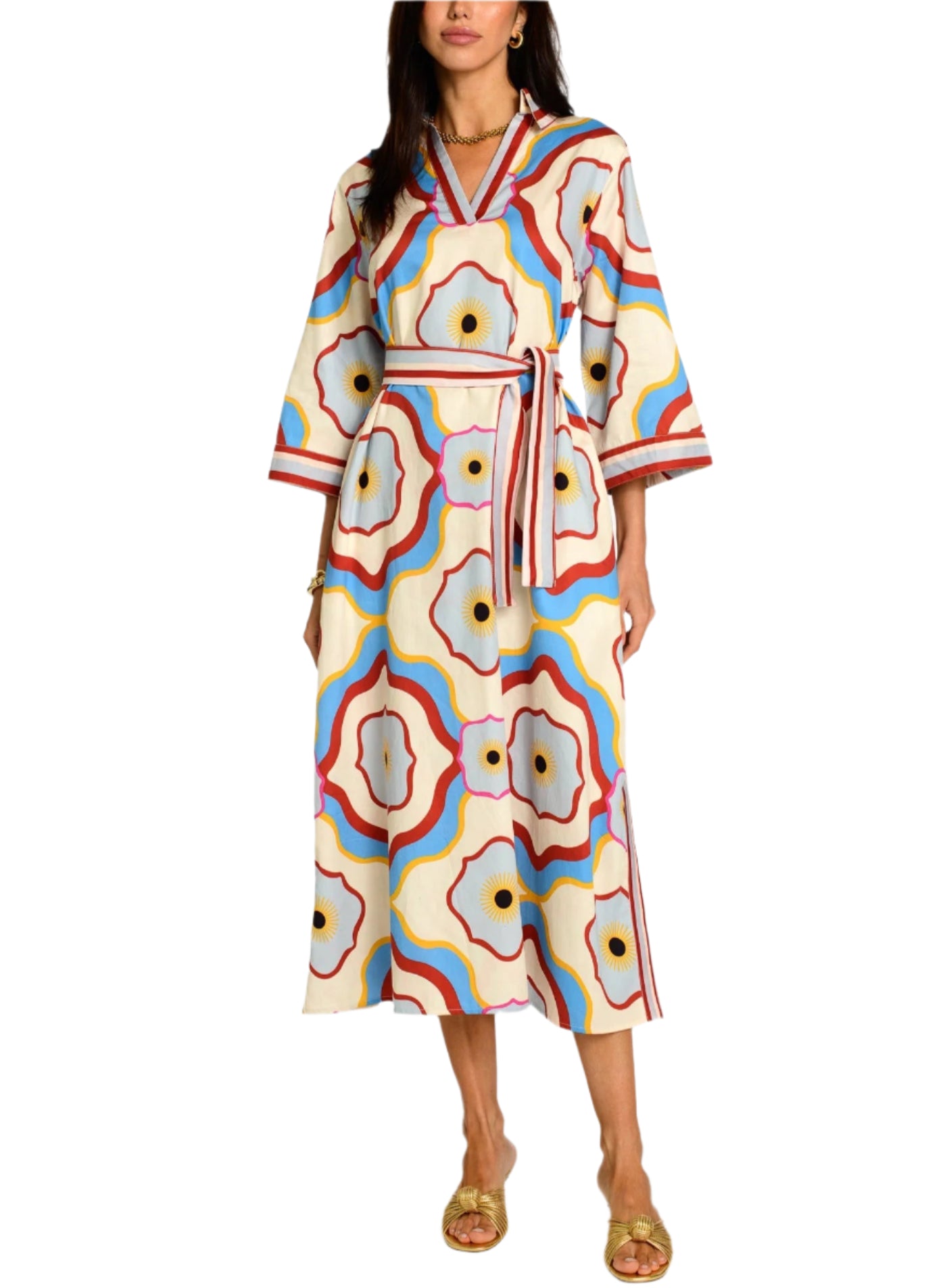Talia, the chic older sister of our beloved Taylor dress, has been updated this season with side slits, striped trim, and a sash belt. Perfect to take on vacation, Talia is fab in our Trellis Multi print and can easily be dressed up or down.