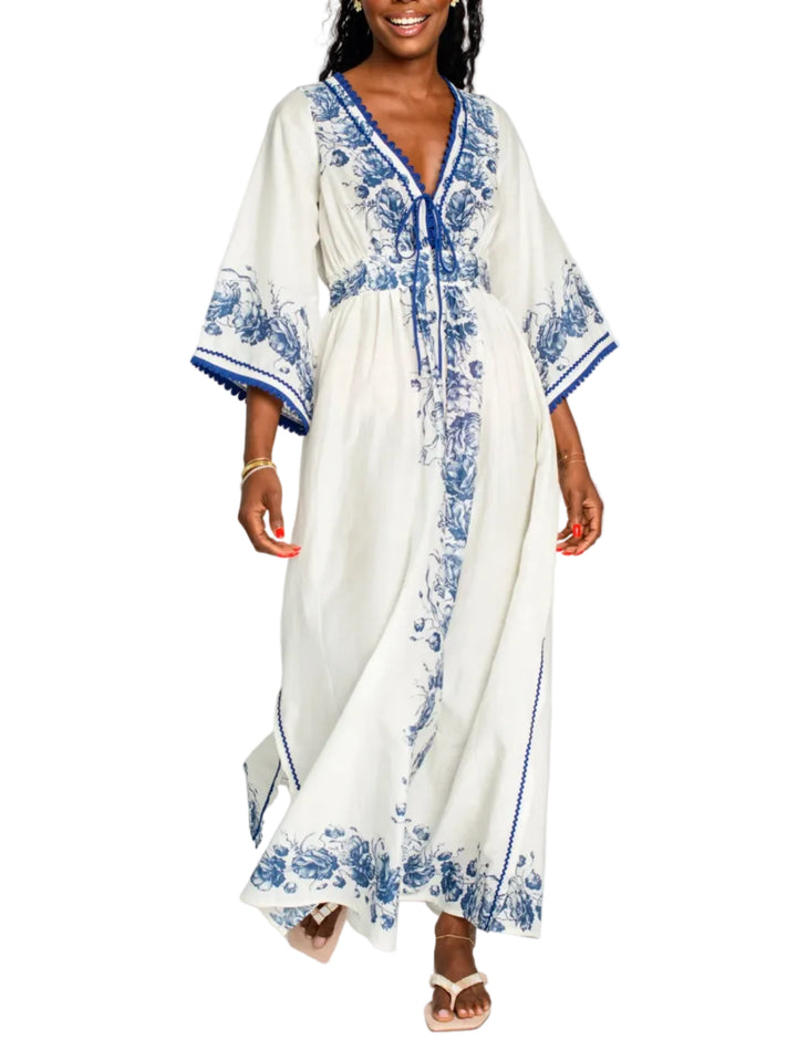 Astrid Caftan in Navy Tea Rose by Elizabeth James the Label
