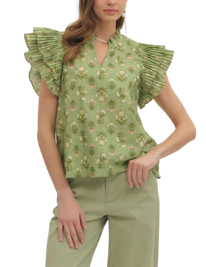 Botanical print pleated flutter sleeve top featuring ruffle band collar V-neck. Unlined. Woven. Non-sheer. Lightweight.
