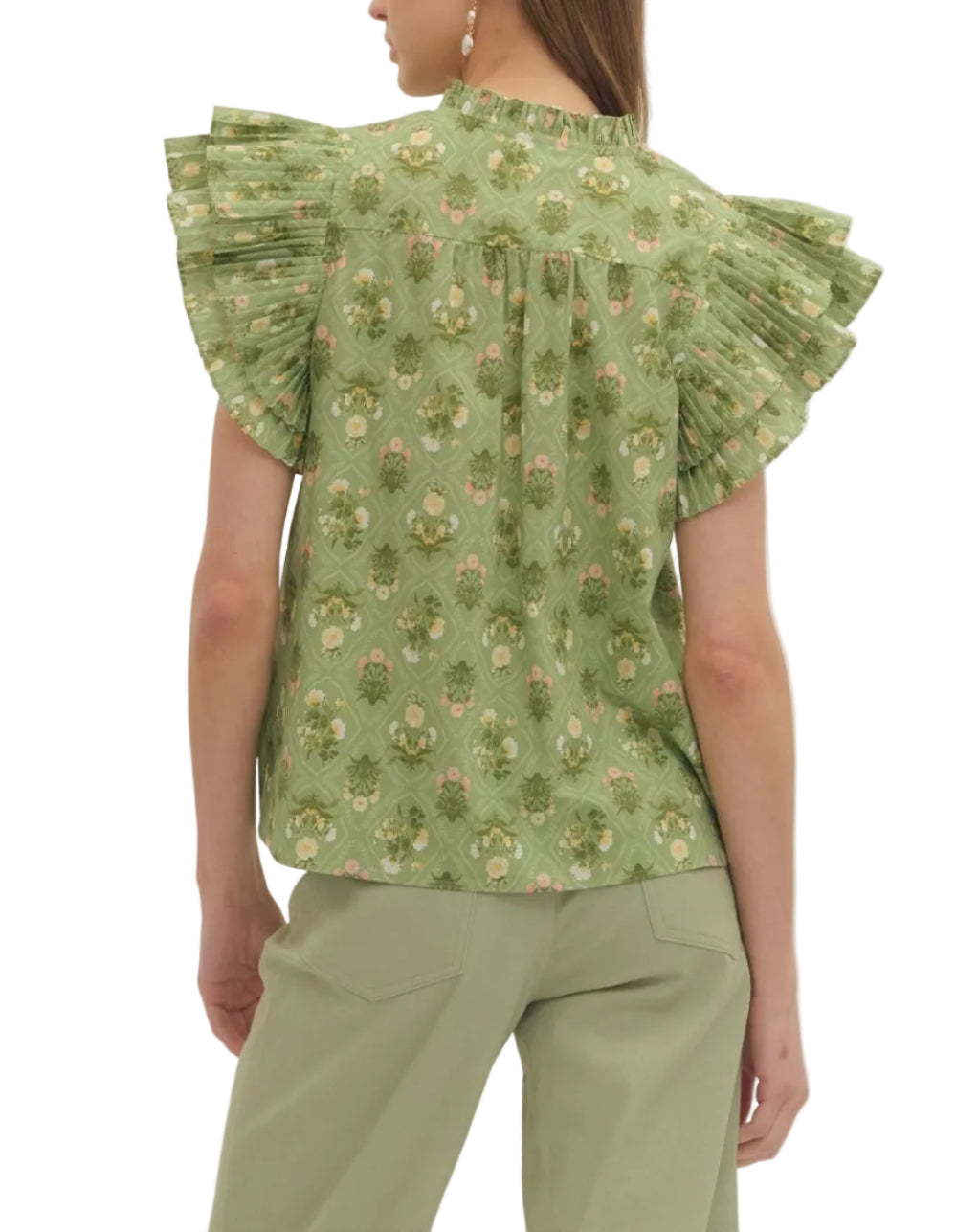 Botanical print pleated flutter sleeve top featuring ruffle band collar V-neck. Unlined. Woven. Non-sheer. Lightweight.
