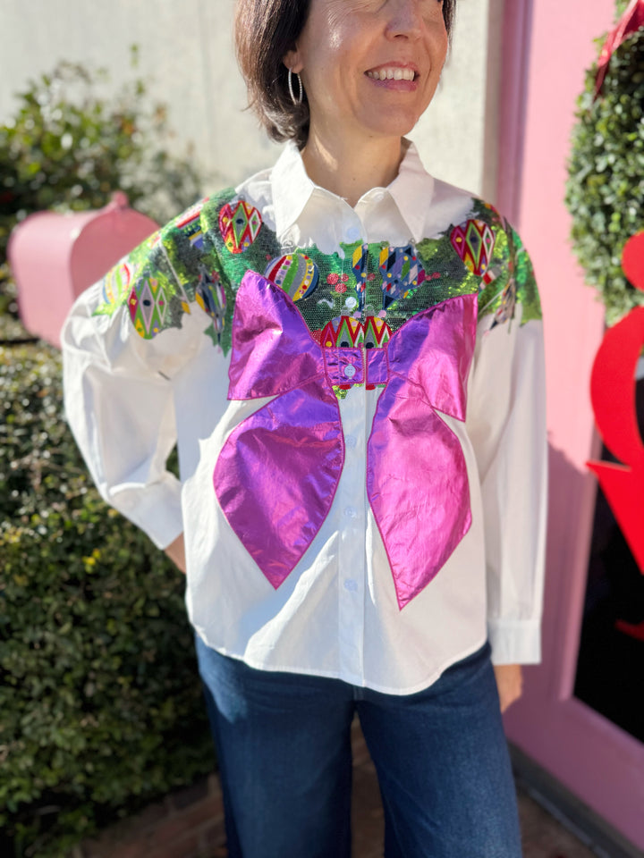 Metallic Wreath Cotton Button Up Top