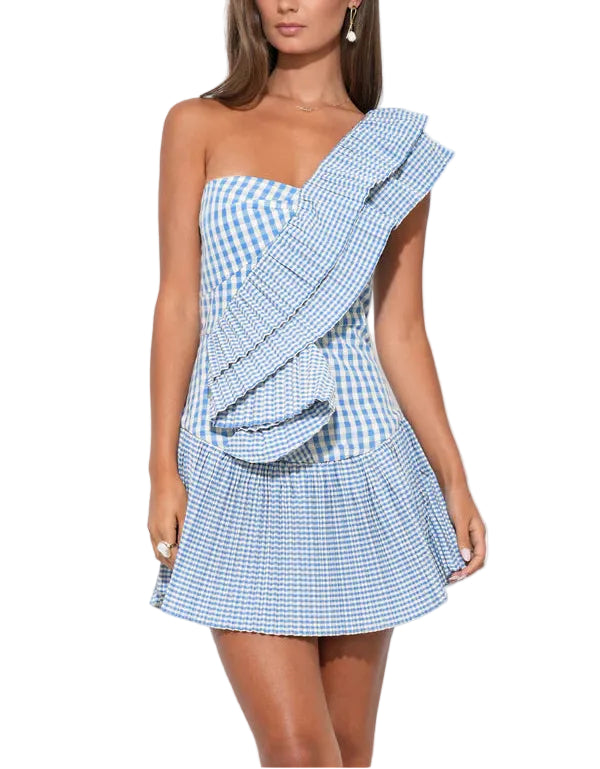 The one-shoulder neckline provides a contemporary, high-fashion twist that highlights the collarbone and adds an architectural element to the silhouette. The mini-length cut keeps the energy youthful and breezy, while the tailored fit ensures the dress looks polished rather than purely casual.
