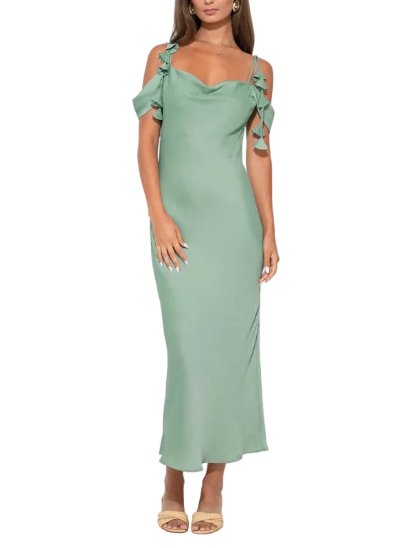 This dress centers around a beautifully draped cowl neckline that transitions into an elegant off-the-shoulder silhouette, showcasing the collarbone and shoulders. Rendered in a stunning Sea Jade—a rich, cool-toned green—the fabric likely features a subtle sheen or a silky finish that enhances the way the light catches the folds of the cowl.

