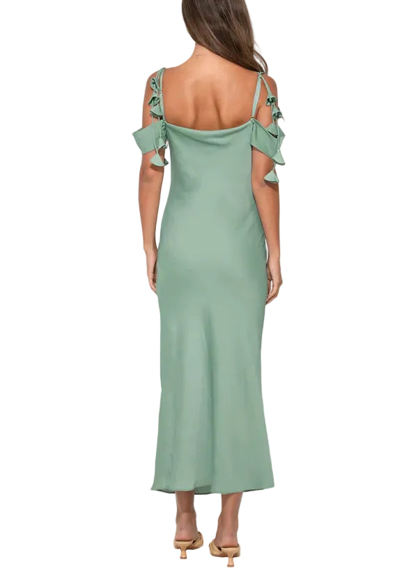 This dress centers around a beautifully draped cowl neckline that transitions into an elegant off-the-shoulder silhouette, showcasing the collarbone and shoulders. Rendered in a stunning Sea Jade—a rich, cool-toned green—the fabric likely features a subtle sheen or a silky finish that enhances the way the light catches the folds of the cowl.

