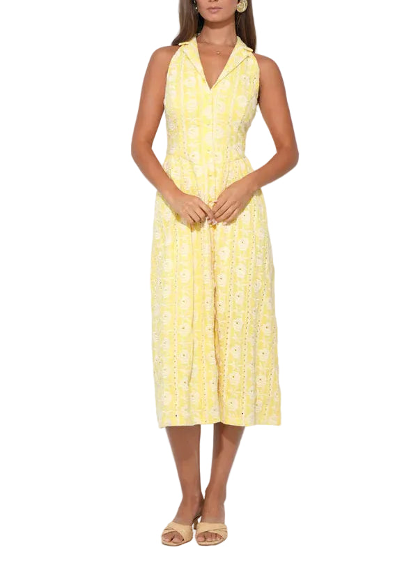 Hazel Halter Floral Embroidery Midi Dress