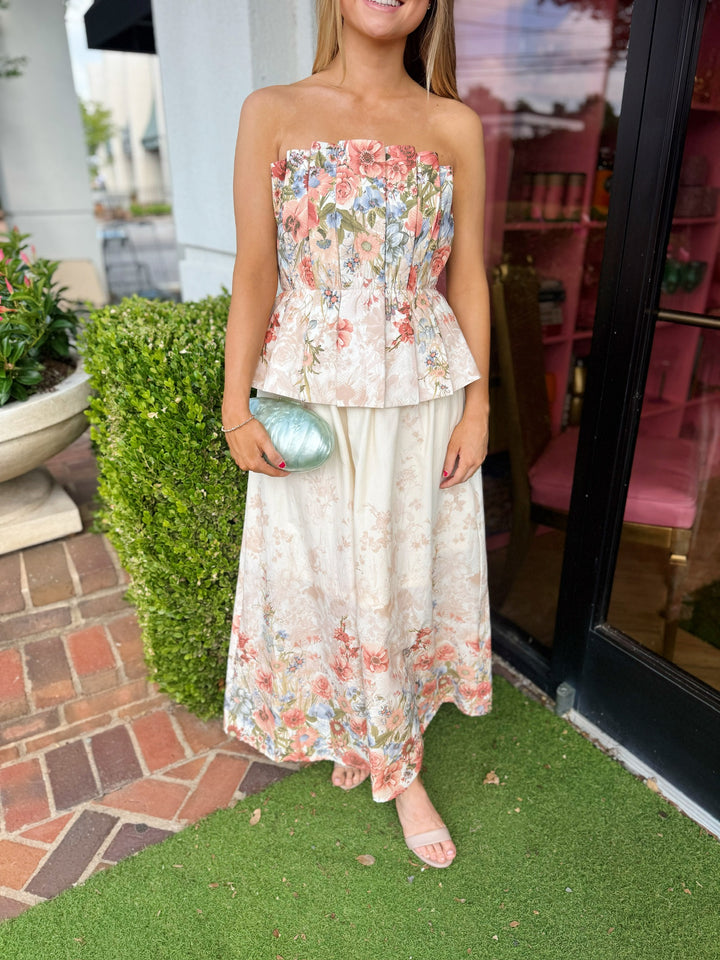 Rose Floral Strapless Midi Dress