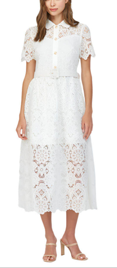 This Macy Off White Midi Dress is the perfect blend of fun and sophisticated. The lace material and belted fit and flare silhouette add a touch of elegance to any occasion.