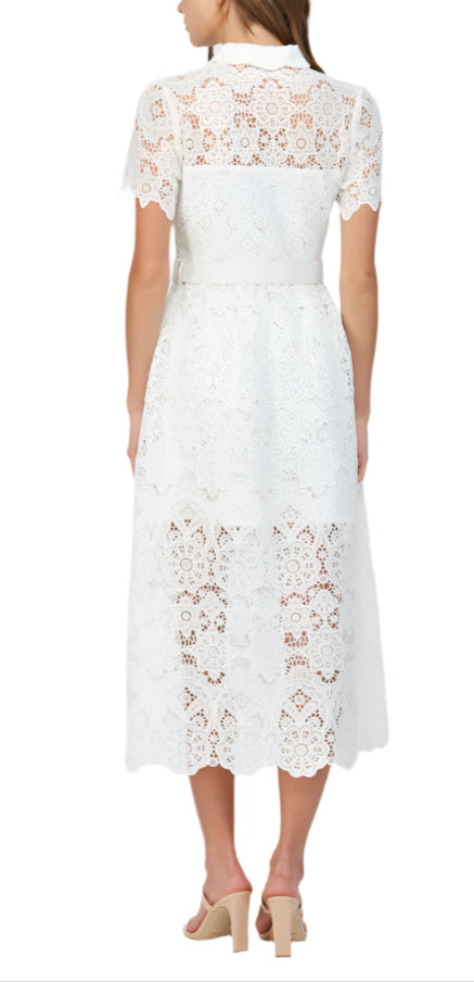 This Macy Off White Midi Dress is the perfect blend of fun and sophisticated. The lace material and belted fit and flare silhouette add a touch of elegance to any occasion.