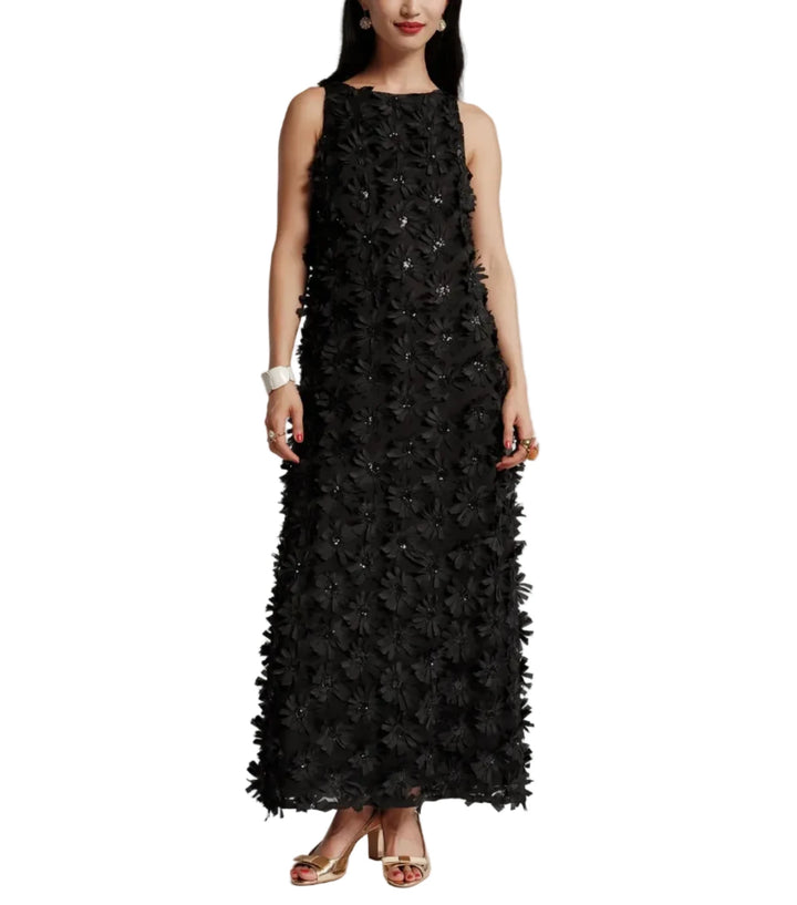 Runs slightly small in the chest; size up if between sizes
Sleeveless column maxi dress
Dimensional daisy appliqués all over with beaded center
Hidden back zipper
2 pockets
Lined
Material: 100% polyester
Professional dry clean only
Imported